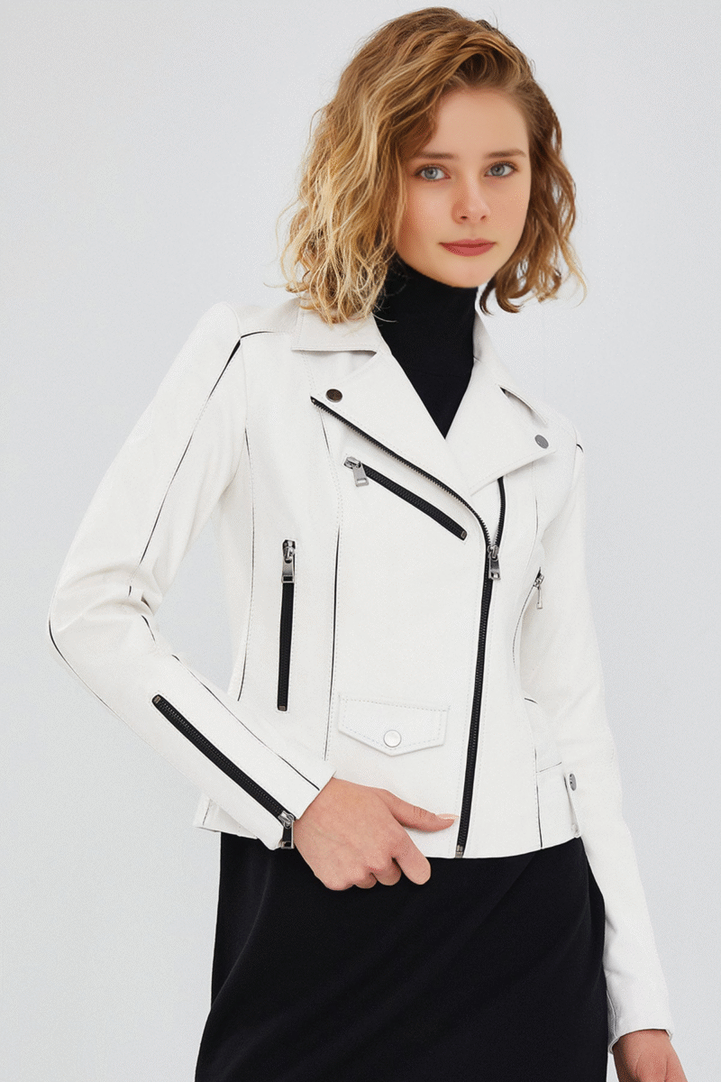 Bella Women's White Slim-Fit Biker Leather Jacket - Image 2