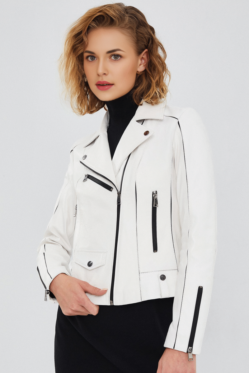 Bella Women's White Slim-Fit Biker Leather Jacket - Image 3
