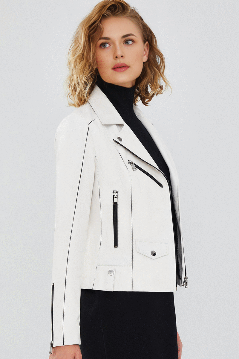 Bella Women's White Slim-Fit Biker Leather Jacket - Image 5