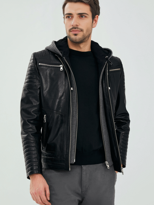 Black Men's Hooded Sport Leather Jacket