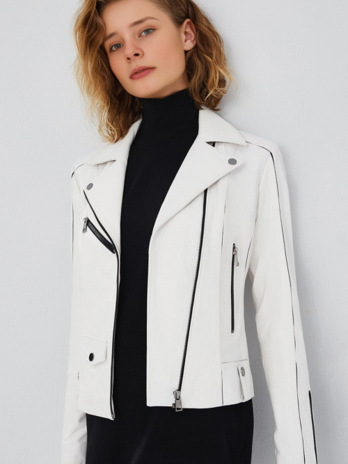 Women's White Slim-Fit Biker Leather Jacket