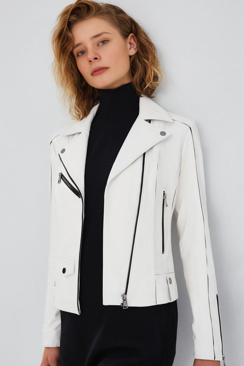 Women's White Slim-Fit Biker Leather Jacket