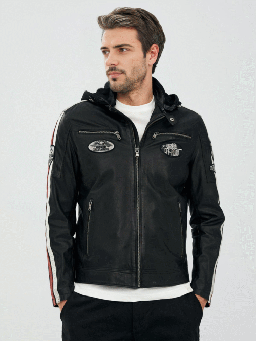 Men's Black Emblem Hooded Sports Leather Jacket